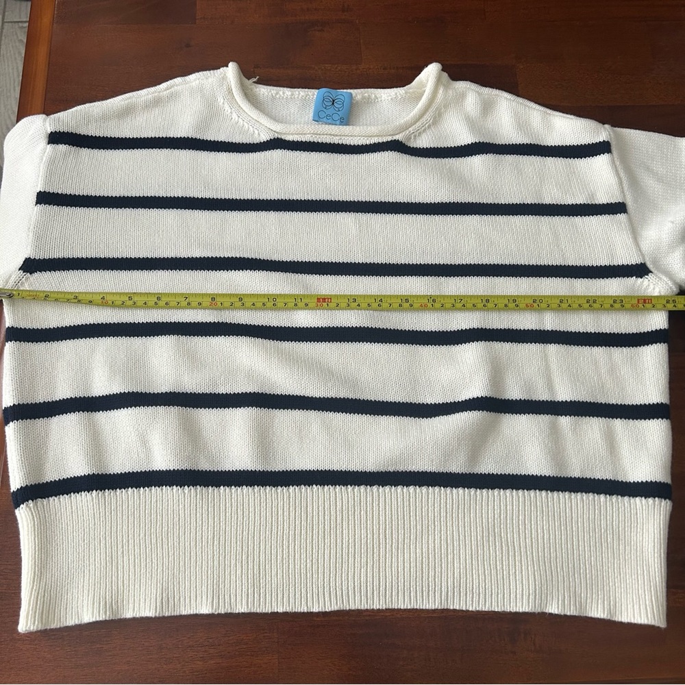 Cece Cream Navy Striped Oversized Pullover‎ Long Sleeve Cotton Crew Neck Sweater - Picture 6 of 7